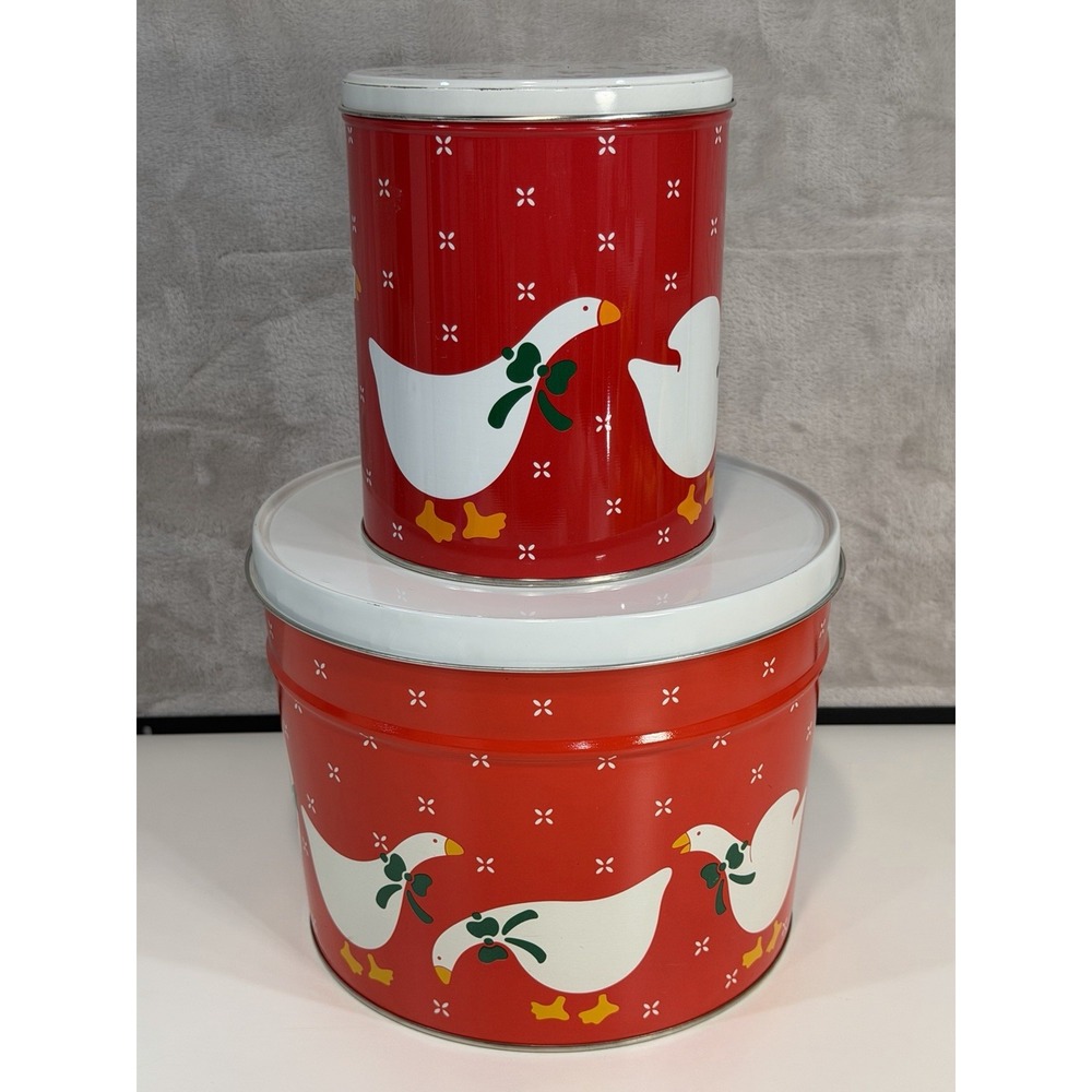 Vintage Ribbon Duck Christmas Tins 1984 DHC Set of 2 Red 80s Holiday Goose Bow